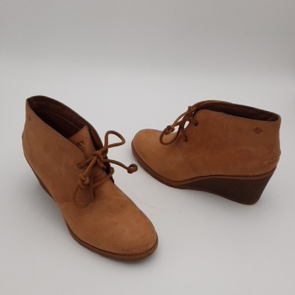 Sperry Women's Tan Wedge Ankle Boots 9M Lace Up Leather Tan Y2k Casual Office